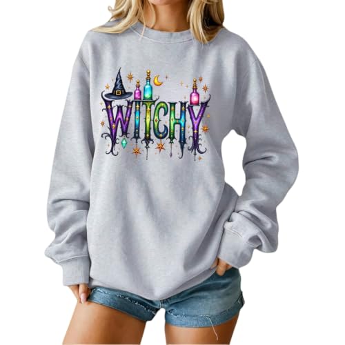 Halloween Sweatshirts for Women Crewneck Oversized Y2k Witchy Tops Grey - image 2