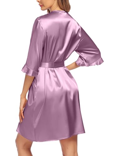 Image of Ekouaer Women's Satin Robe Valentines Lingerie for Women Kimono Bathrobe Short Ruffle Belted Robes Bridesmaids Sleepwear