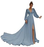 Huaxiafan Dusty Blue Prom Dresses Long Sleeve V Neck A Line Flowy Chiffon Ruched A Line Zipper Back Evening Gown Size 4