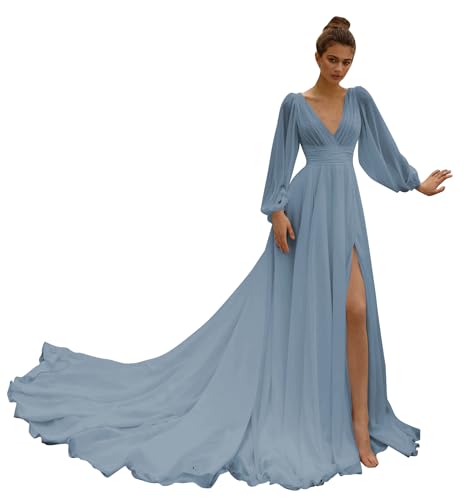 Huaxiafan Dusty Blue Prom Dresses Long Sleeve V Neck A Line Flowy Chiffon Ruched A Line Zipper Back Evening Gown Size 4