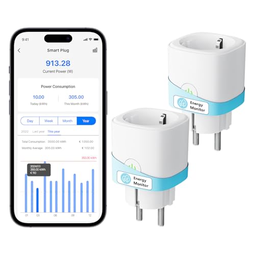 Meross Smart WLAN Steckdose mit Strommessung 16A, Zeitschaltuhr Steckdose mit Sprachsteuerung, Fernzugriff, Smart Home WiFi Steckdose kompatibel mit Alexa, Google Home, SmartThings, 2er