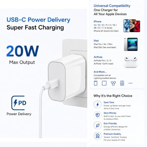 Image of 20W PD Fast Charger for .-Speed to C Cable Compatible with 14 14 Plus14 Pro14 Pro Max 13 13 Pro13 Max13 Mini 12 12 Mini12 Pro Max 11 Series| Original Charging Speed