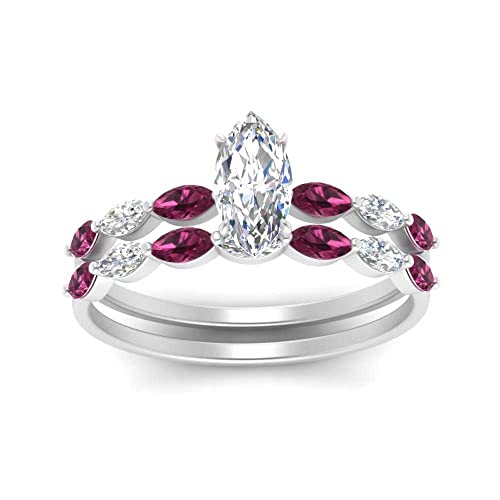 Image of 55Carat Choose Your Gemstone Single Prong Marquise Diamond CZ Ring and Band Sterling Silver Marquise Shape Wedding Ring Sets Matching Jewelry Wedding Jewelry Easy to Wear Gifts US Size 4 to 12