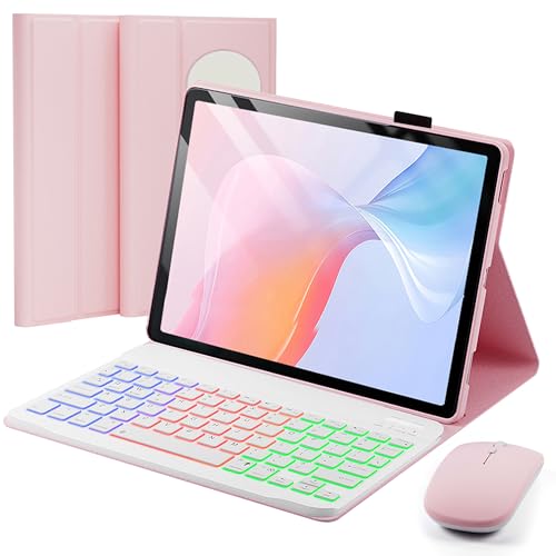 SAMTUNK Case Keyboard for Google Pixel Tablet 11 inch 2023/2024 Cover - 7 Color Rainbow Change Backlit Detachable Magnetic Keyboard with Mouse - Pink