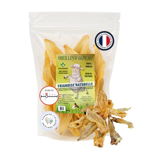 Natürliche Lammohren für Hunde – hypoallergene Leckereien aus 100 % Lamm – fettarm, reich an Proteinen – Zahnunterstützung – leicht verdaulich – 250 g France Croquettes