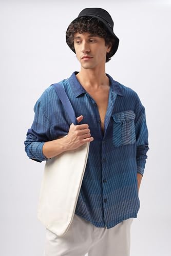 Image of Men's Indigo Blue Gradient Drop Shoulder Long Sleeve Casual Button-Down Shirt