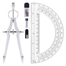 Unjoo Compass and Protractor Set, Professional Drawing Compass Tool, Metal Compass with Extra Refills, Compass for Geometry and 6 Inch Math Protractors 180 Degree Silver