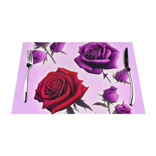 Set de table rectangulaire PVC tissé roses rouges et violettes - 4