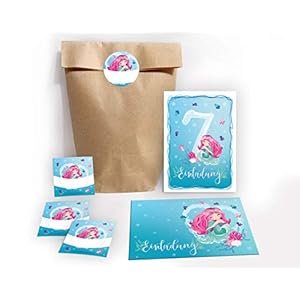 JuNa-Experten Lot de 12 cartes d’invitation pour 7e anniversaire d’enfant Motif sirène Avec 12 enveloppes, 12 sachets et…