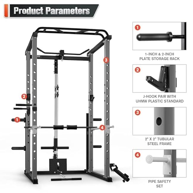 RitFit Power Cage with Optional LAT PullDown/Cable Crossover/Smith Machine System, 1000LB Squat Rack for Home & Garage Gym, with Weight Storage Rack and More Training Attachments, ASTM-Certified