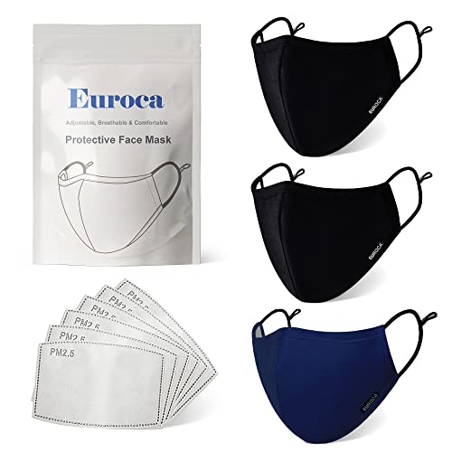 Euroca – Cloth Face Mask, Soft Cotton Face Masks, Washable & Reusable Face Masks, Face Mask Set, Adjustable Face Mask With Filter Sheets (PM2.5), Black, Black & Navy, Set of 3, Men