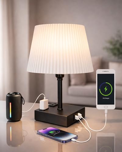 Image of Homesake Touch Table Lamp with USB A + Type C Charging Ports Dual AC Outlets, Touch Control, Medium Size, Bulb Included Night Stand, Bedside Desk Light Bedroom Living Room Office, (White Frill)