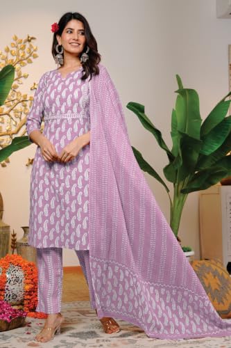 Image of MIRCHI FASHION Pure Cotton Women Straight Printed Embroidery Work Kurti Set with Dupatta and Pant
