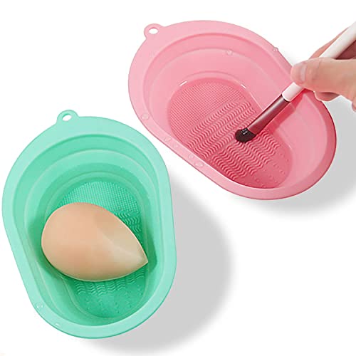 2pcs Makeup Brush Cleaning Mat, Silicone Makeup Brush Scrubber, Cosmetic Brush Cleaner, Brush Cleaning Pad, Foldable Makeup Brush Cleaning Bowl Suitable for Makeup Brush, Sponge (Multicolour)