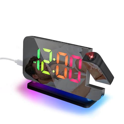 Lafocuse Réveil Projecteur Plafond avec 11 RVB Couleurs LED Affichage & 10 Couleurs Veilleuse, Horloge Numérique avec Luminosité Volume Réglable, Snooze, Réveil Projection pour Chambre Chevet, Noir