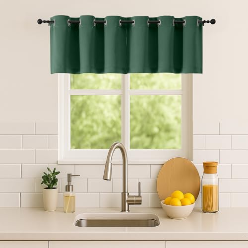 Image of Simplebrand Ever Green Kitchen Valances for Windows 18 Inches Long 2 Pack, Room Darkening Window Valances for Living Room, Grommet Short Straight Drape Kitchen Curtains for Bedroom Kids Room, 40Wx18L