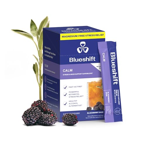 Blueshift Stress Relief Drink Mix for Adults – BlackBerry Sage | Ashwagandha, Lemon Balm, L‑Theanine, GABA & B‑Vitamins | Zero‑Sugar Stick Packs – Non-Drowsy Cortisol Balance Calm 10 ct