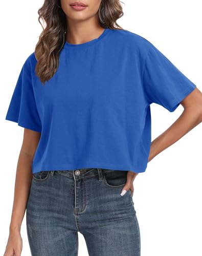 PRIMODA Womens Oversized Workout Cropped T Shirts Crew Neck Short Sleeve Casual Loose Summer Crop Tee Tops Cotton(Royal Blue S)