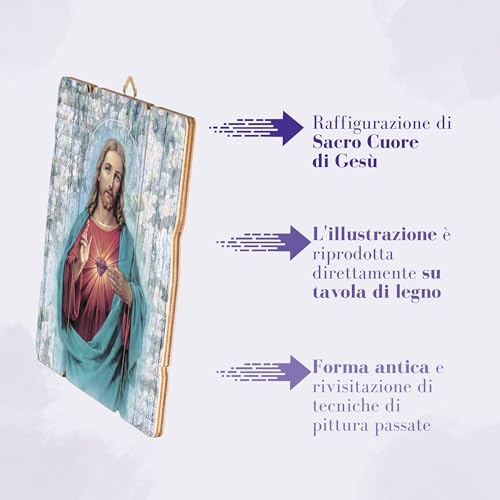 Fratelli Bonella, Bild des Heiligen Herzens Jesu, Vintage-Stil, Pappelholz, Dicke 8 mm, religiöses Bild, Schlafzimmer, 28,5 x 35,5 cm, 100 % Made in Italy