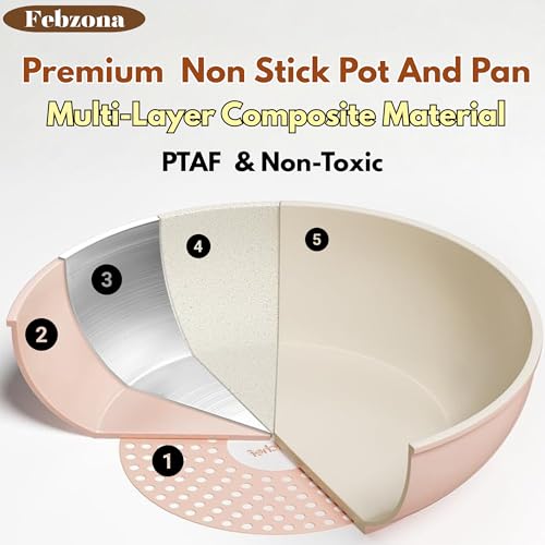 Image of Febzona 6 Pcs Pots and Pans Non Stick Cookware Combo Set Induction Ready, with Detachable Handle, Stackable Kitchen Cooking Set Removable Handle, Oven Safe, frypan Tea pan Utensils (Pink Dual)
