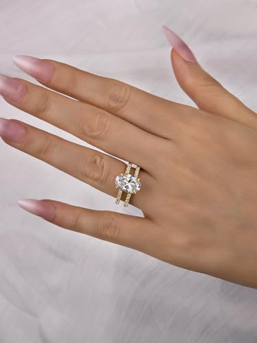 3.5CT 5A Grade Oval Cut Cubic Zirconia Double Band Engagement Ring for Women, 18K Yellow Gold Plated Sterling Silver Promise Ring2
