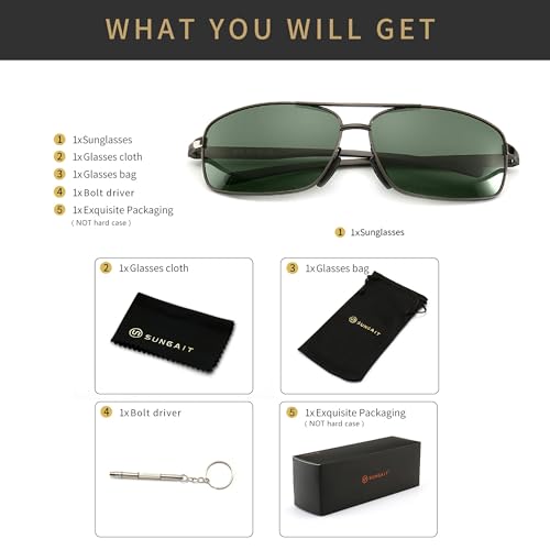 Miniatura 6 de Sungait Rectangulares Gafas De Sol Hombre Polarizadas Clásico Metal Marc Gunmetal Verde 2458