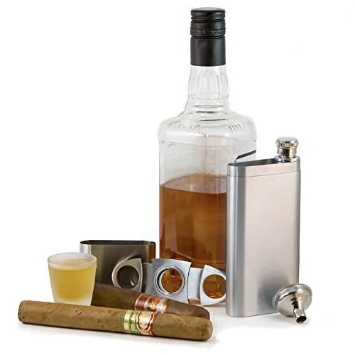 Perfect Pregame Cigar Flask Gift Set - 2 Cigar Holder and 2 Oz Stainless Steel Flask Combo - Includes Cigar Cutter and Funnel - Great Groomsmen Flask