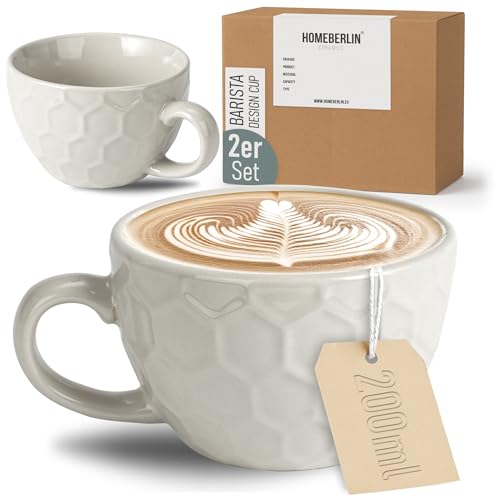 HOMEBERLIN® Barista 2er Cappuccino Tassen Set - 200ml Kaffeetassen Set - Premium Kaffee Tassen Set aus hochwertigem Steingut - 2 moderne Kaffeetassen aus 100% Handfertigung - Dickwandige Kaffee Tasse
