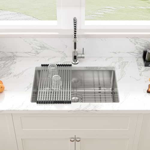 Sarlai 26 Inch Undermount Kitchen Sink- 26x18 Inch Undermount Stainless Steel16 Gauge Single Bowl Under Counter Kitchen Sink Round Corner Basin by Sarlai - Used condition - Image 3
