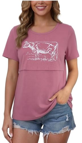 Breastfeeding Shirts for Women Double Layer Maternity Nursing Tops Distressed Acid Washed Nursing Tshirt Dark Pink