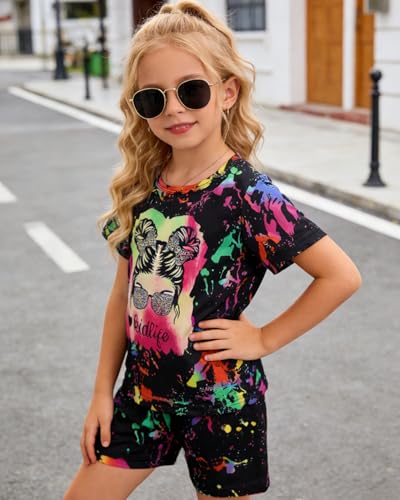 Image of OLMRJKD Kid Toddler Girl Clothes Summer Short Sleeve Figure Graphic Tee Shirt + Shorts Summer Outfits Set