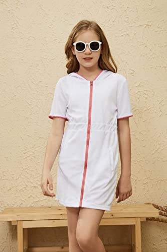 Image of Girls Swim Cover Up Kids Beach Swimsuit Coverup Terry Zip-Up Bathing Suit Beach Pool Clothes with Sunglasses