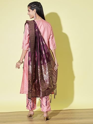 Image of VredeVogel Women's Cotton Silk Blend Straight Kurta Trouser With Dupatta Set