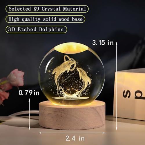 Image of 3D Dolphin Crystal Ball Night Light,Dolphin Figurine Lamp,Decorative Glass Sphere Ball Paperweight Crystal Sea Animal Decorations For Home (Dolphin Love),Led