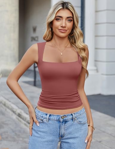 Image of Avidlove Women's Square Neck Tank Top Double Lined Basic Crop Tops Going Out Shirt Slim Fit Summer