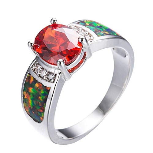 Bague en or blanc plaqué pour femme avec opale colorée et zircon rouge
