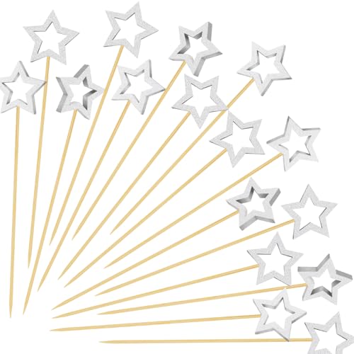 Lot de 100 pics à cocktail en bambou avec étoiles argentées - 14 cm de long - Cure-dents fantaisie pour apéritifs - Bâtons décoratifs de vacances pour fruits, boissons, décorations de fête