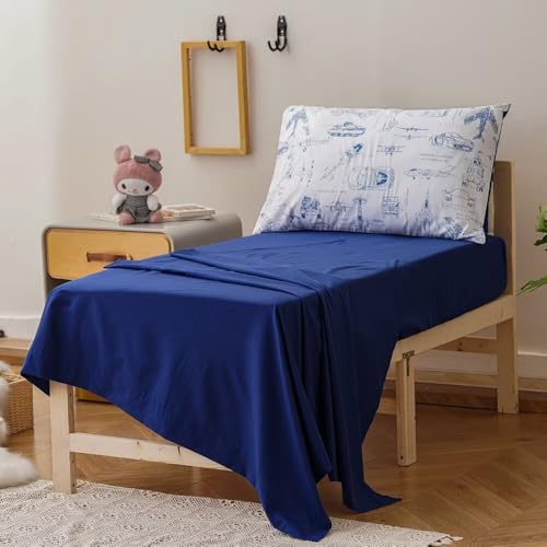Image of CLOTHKNOW 4Pieces Vehicle Traffic Toddler Bedding Sets for Boys Girls Kids | 4Pcs White Blue Comforter Sets, Cars Airplane Tank Helicopter Pattern, Soft All Seaon Crib Bed Sets