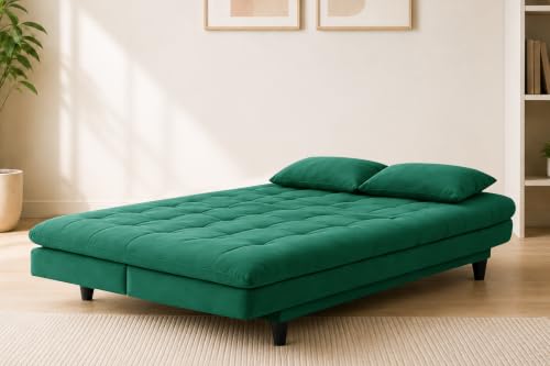 Image of Los Angeles Modern Convertible Futon Sofa Bed, Tufted Upholstered Folding Couch with Adjustable Backrest, Space Saving Sleeper Sofa for Living Room, Apartment, Office, Dorm & Guest Room - Green