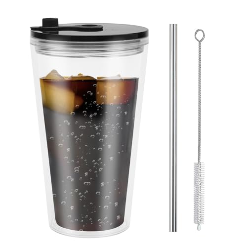 UOCAI Tazza di Plastica con Coperchio e Cannuccia, 16oz Tazza da Caffè a Doppia Parete con Adesivo per Lettere e Spazzola per Cannuccia, Riutilizzabile per Caffè, Succo di Frutta, Frullato