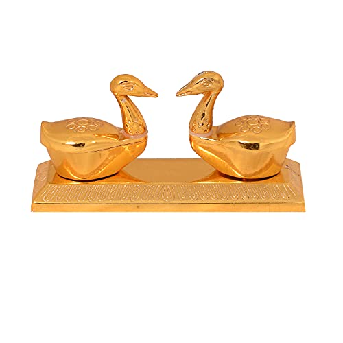 Image of JAIPUR ACE Metal Brass Swan kumkum Box | Puja | Roli | Chawal | Chandan | Haldi | Sindoor | Turmeric | Dabbi | Dibbi | Dhani | Dani Lid Holder - Duck Swan kumkum (Golden, 6 X 11 X 6 cm)