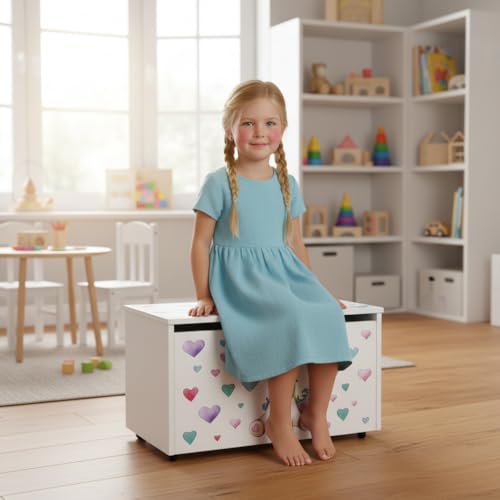 Leomark große Holzspielzeugkiste auf Rädern, Sitzbank mit Stauraum, Spielzeugkiste mit Deckel, Kinderbank – Truhenbank für Kinder, weiße Aufbewahrungsbox 91L, Maße: 71cm x40,5cm x45cm (Einhorn) - 2