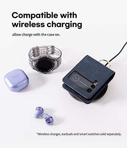 Goospery Card Wallet Ring Case Compatible With Galaxy Z Flip 4 Case, Card Holder Pocket Storage Premium Pu Leather Key Ring Wallet Cover, Navy #TOP4