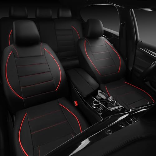 Image of CAR PASS Universal FIT Piping Leather Two Front Seat Covers, Waterproof Faux Leather for SUV Sedan Van Truck, Airbag Compatible,Reserved Opening Holes for Headrest Covers. (Black red)