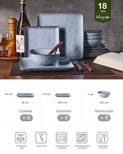 Richmount Steingut Geschirrset 6 Personen, Serie Ocean 18-tlg Quadratishes Geschirr Set, Teller Set Kombiservice Mit Reaktiver Glasur Essgeschirr, Kratzfestes Tafelservice Geschirrsets, Blau