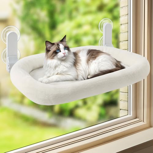 GUUSII HOME 折畳み式 ねこハンモック ねこベッド クッション 曲線パイプ 2025年新デザイン 吸盤 猫窓用ハンモック 猫窓 吸盤式 ペットベッド ねこ ネコ 窓際マット 通気メッシュ 日光浴 洗える 猫用 耐荷重約18KG ストレス解消 組立簡単 (ホワイト, M)
