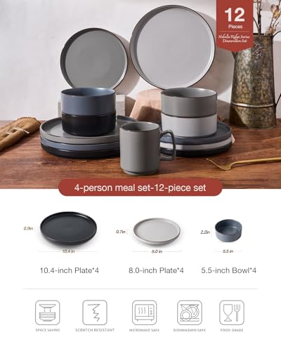 Image of Famiware Nebula Ridge Stoneware Dinnerware Sets, Plates and Bowls Sets for 4, 12 Pieces Dishes Set, Microwave and Dishwasher Safe Kitchen Plates, Multi-color