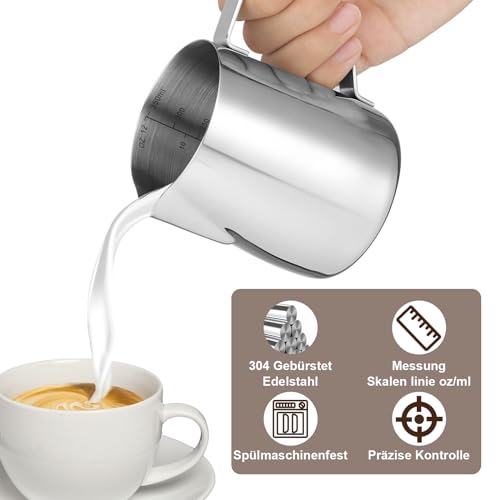 Milchkännchen für Kaffeemaschine – 600 ml/20 fl.oz Milchkanne aus Edelstahl 304 mit Stift,Barista-Zubehör aus Metall für Cappuccino,Latte und Espresso,Spülmaschinenfest