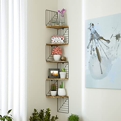 Love-KANKEI Corner Shelf Wall Mount of 5 Tier Rustic Wood Floating Shelves Wall Shelves for Bedroom Living Room Bathroom Kitchen Office and More Carbonized Black - Thumbnail 2