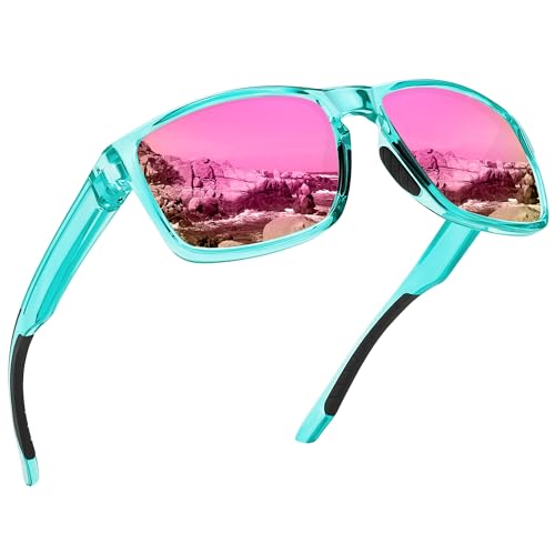 Ofwin Sports Polarized Sunglasses for Men Women UV Protection Unbreakable Driving Running Fishing Hiking Sun Glasses Clear Light Green Frame/Purple Pink Mirror Lens